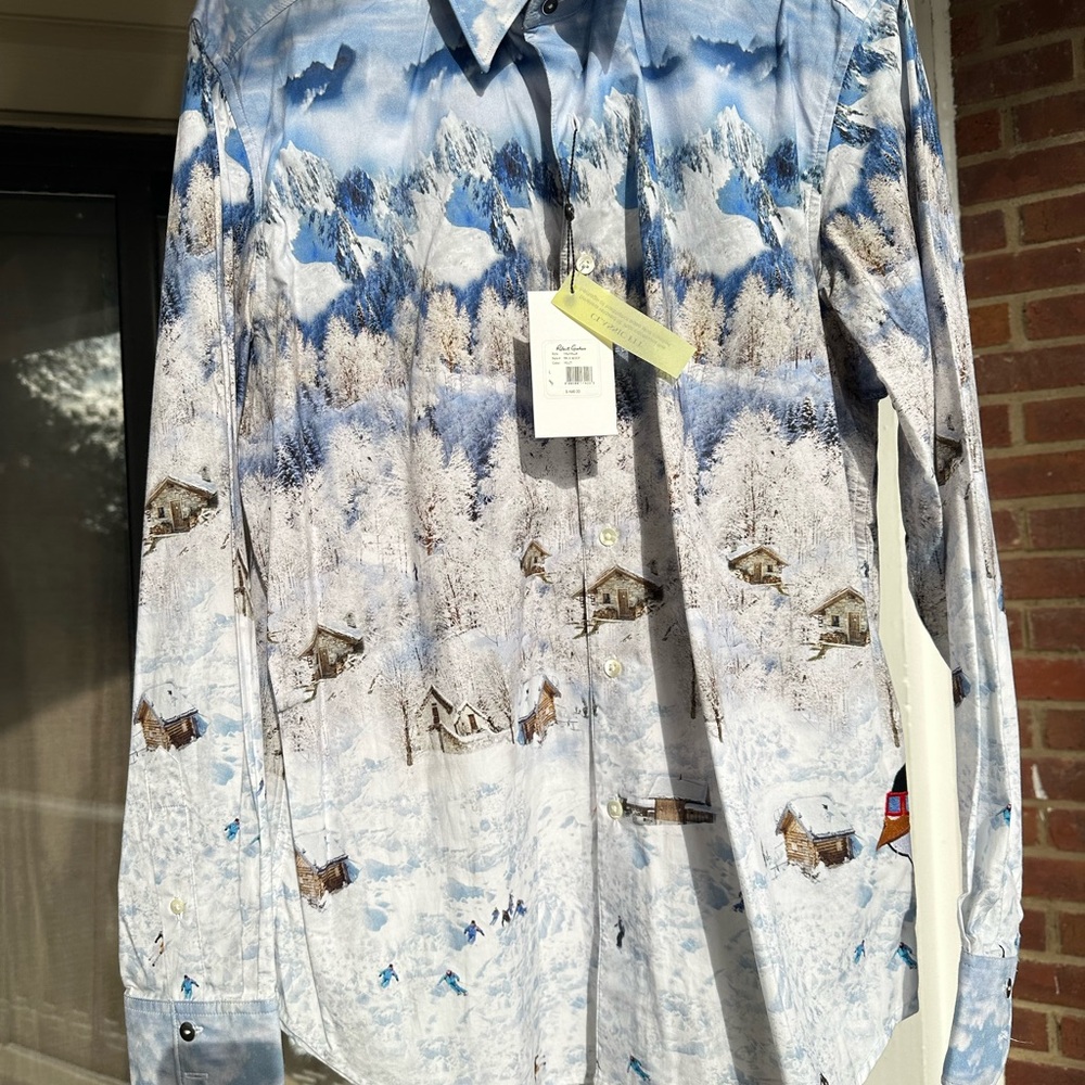 Robert Graham Blue and White Scenic Print Shirt.Size L -VALHALLA